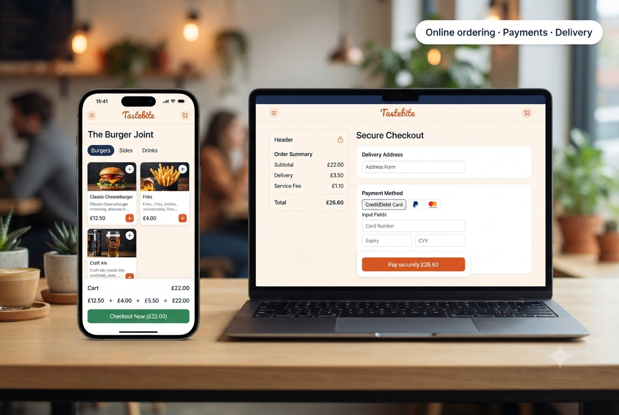 Fusion Kitchen ordering flow — mobile menu and secure checkout