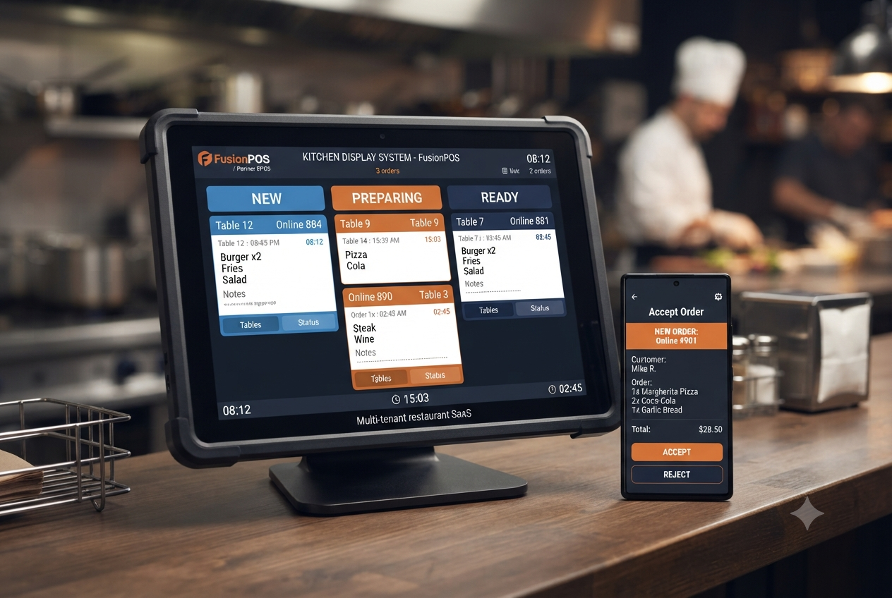 FusionPOS kitchen display system and accept-order mobile screen